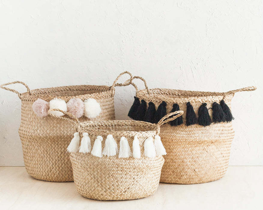 Tassel handwoven belly basket - hygge cave