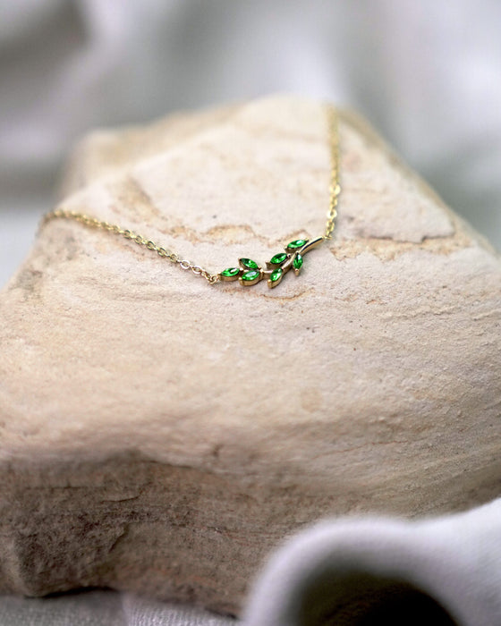 Delicate Oval Green Zircon / Inlaid Tree Branch Design / Stainless Steel / Necklace Jewelry / Oval Cut / 18K Gold Plated