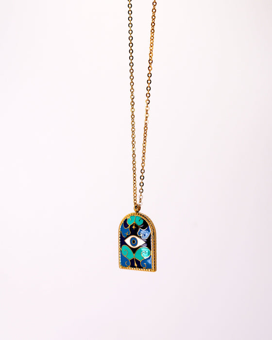 Blue Enamel Eye Necklace / Stainless Steel / Ancient Roman Necklace / Blue Arch Necklace / 18K Gold Plated